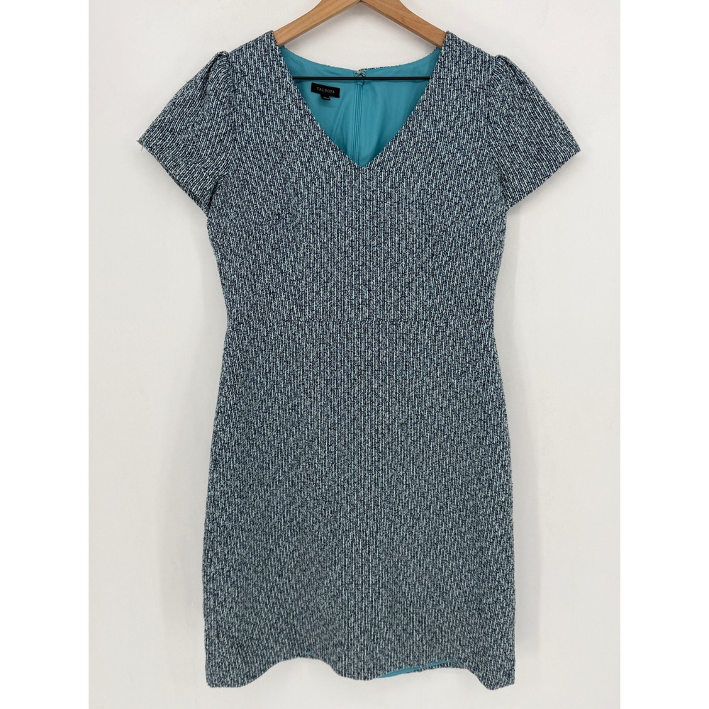 Talbots Sheath Dress Women Size 6 Blue Tweed V-Neck Short Sleeve Workwear Office